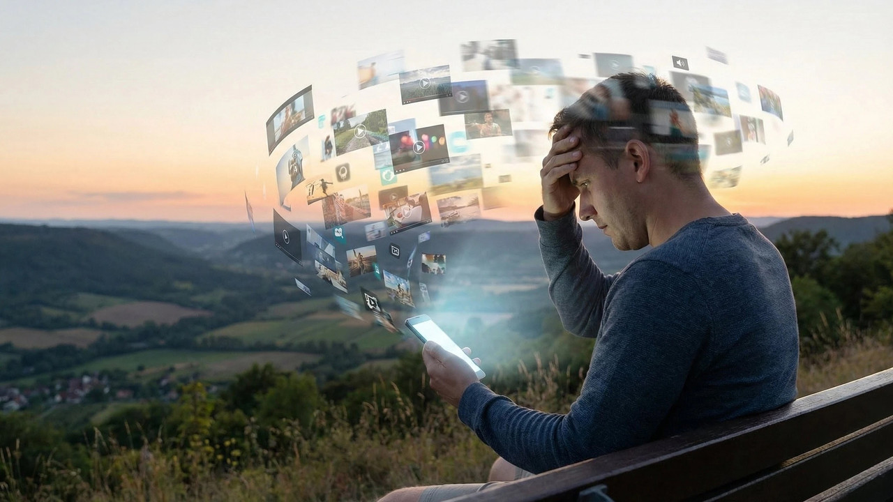 Man feeling confused while watching Social Media Reels, symbolizing Memory Loss and Digital Dementia