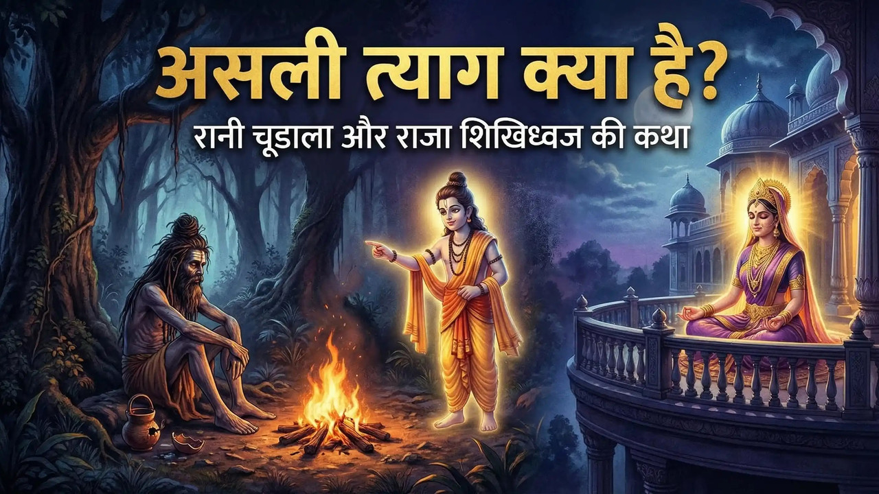 Yoga Vasistha Story: King Sikhidwaja performing penance in forest and Queen Chudala as Kumbha Muni teaching true renunciation. (योग वाशिष्ठ: राजा शिखिध्वज और कुम्भ मुनि का संवाद)