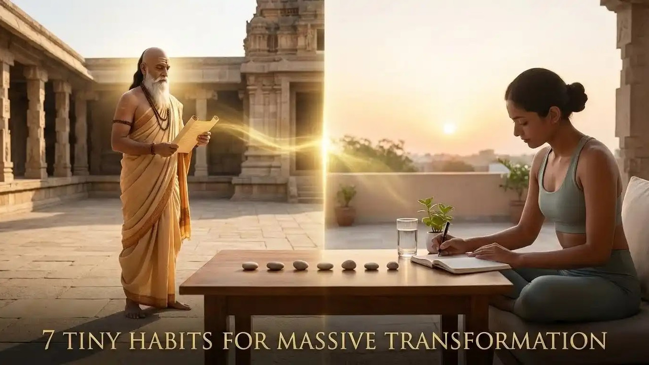 Ancient stone statue of Chanakya next to a modern person journaling, representing ancient wisdom for modern success.