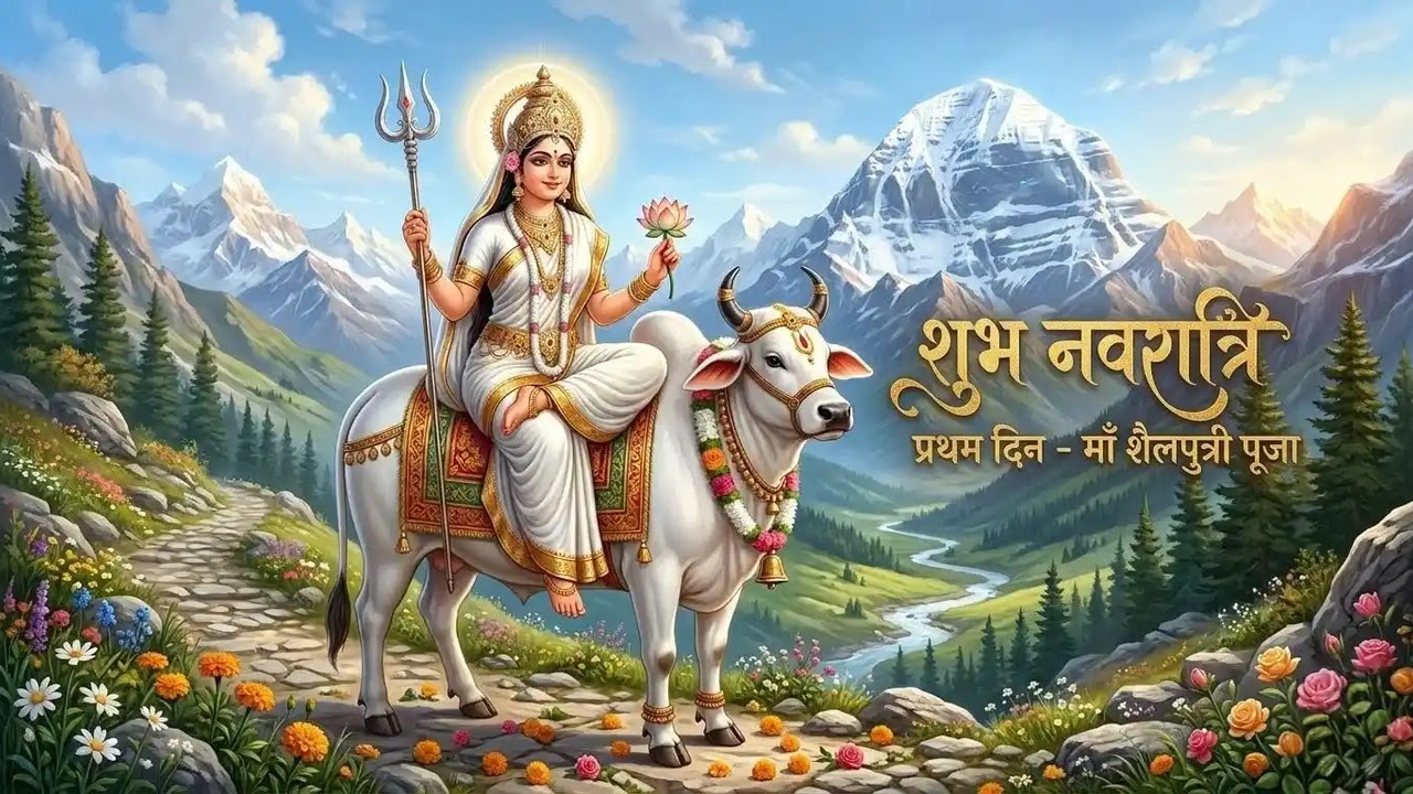 Beautiful divine form of Maa Shailputri riding Nandi with trident, first day of Navratri. Beautiful divine form of Maa Shailputri riding Nandi with trident, first day of Navratri.